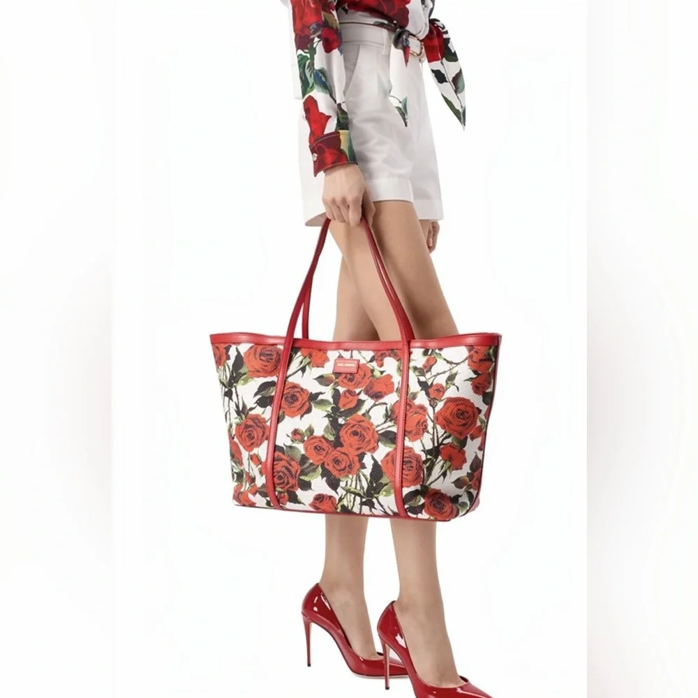 Dolce and Gabbana Red Rose Print Tote Bag - Women